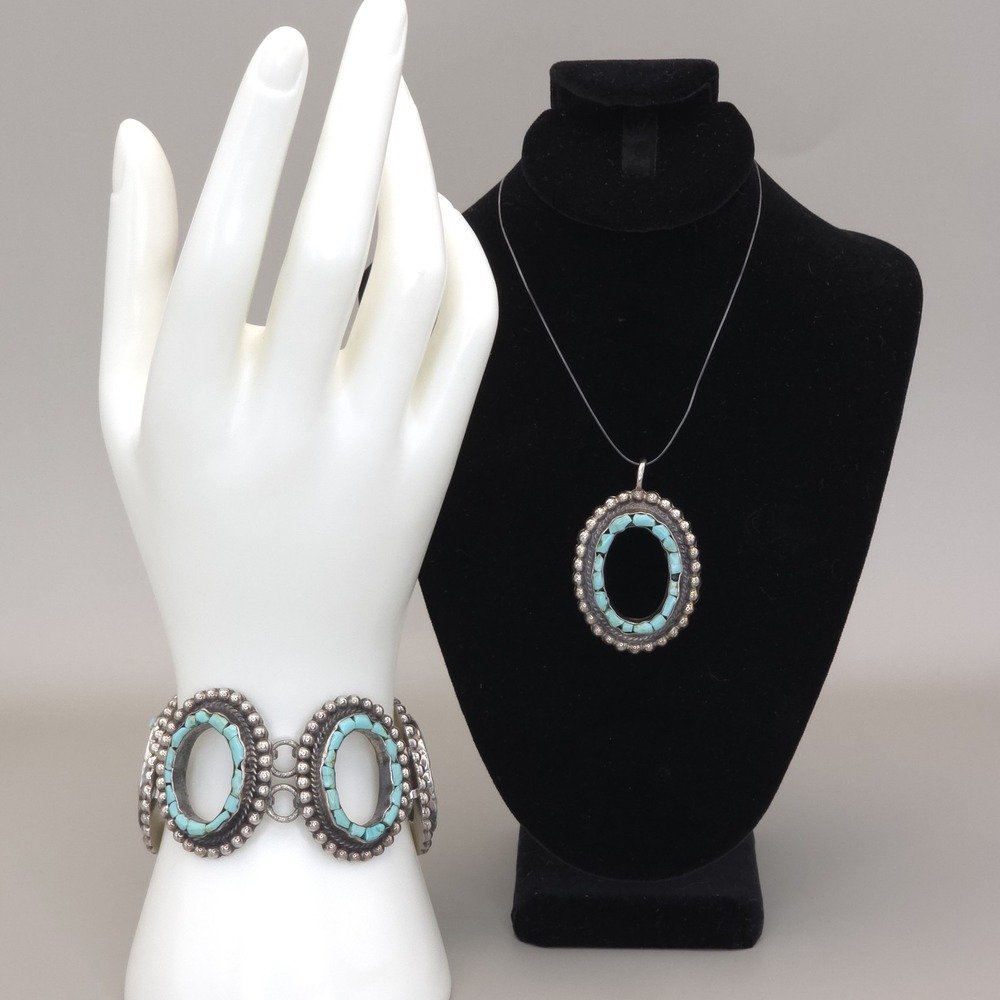 950 Fine Silver Turquoise Inlay Bracelet & Pendant Set Channel Handmade